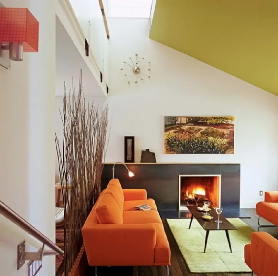 Living Room Decoration - Modern Orange Sofa Dark Wooden Table
