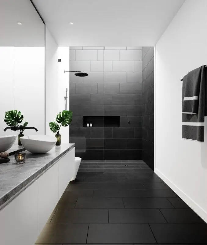 Matte Black Tiled Bathroom [Source: https://pin.it:1jKcJV0]